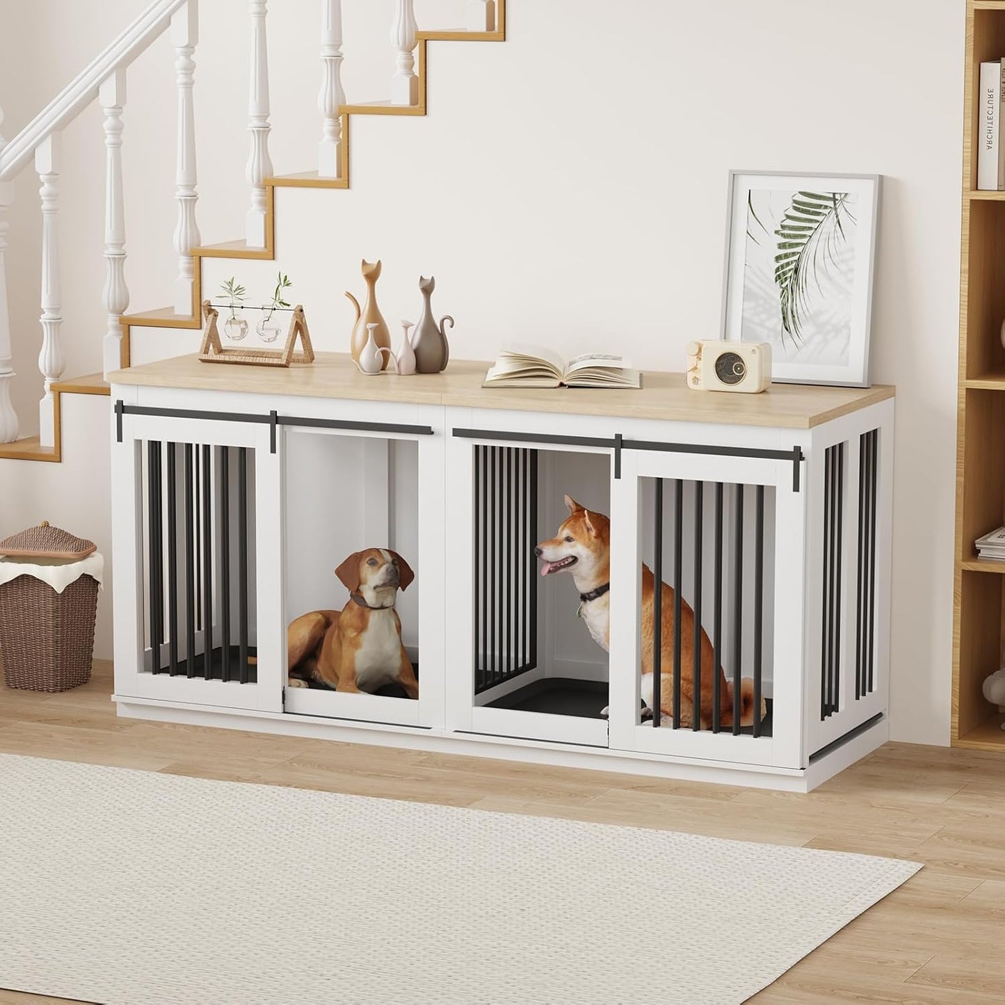 Large Dog Crate Furniture for Large Breed, Heavy Duty Dog Kennel with Divider, All Steel Frame Crate Tv Stand, Farmhouse Furniture Style End Table