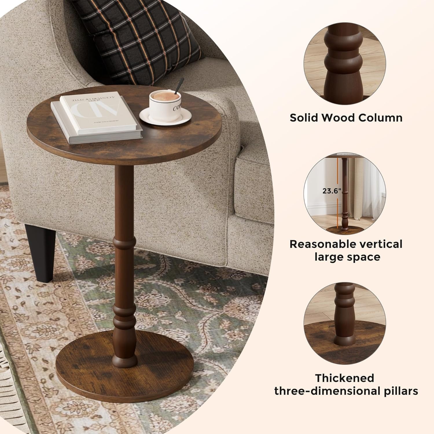 Round Side Table, Solid Wood Pillar, Large 15.7" Top, Small Accent Table for Living Room, Bedroom, Sofa, Entryway & Office, Easy Assembly, Rustic Brown
