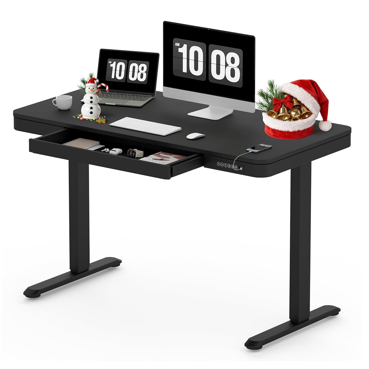 Standing Desk with Drawer, Electric Height Adjustable Home Office Desk with Storage & USB Ports, 48 inch Black Wood Tabletop/White Frame