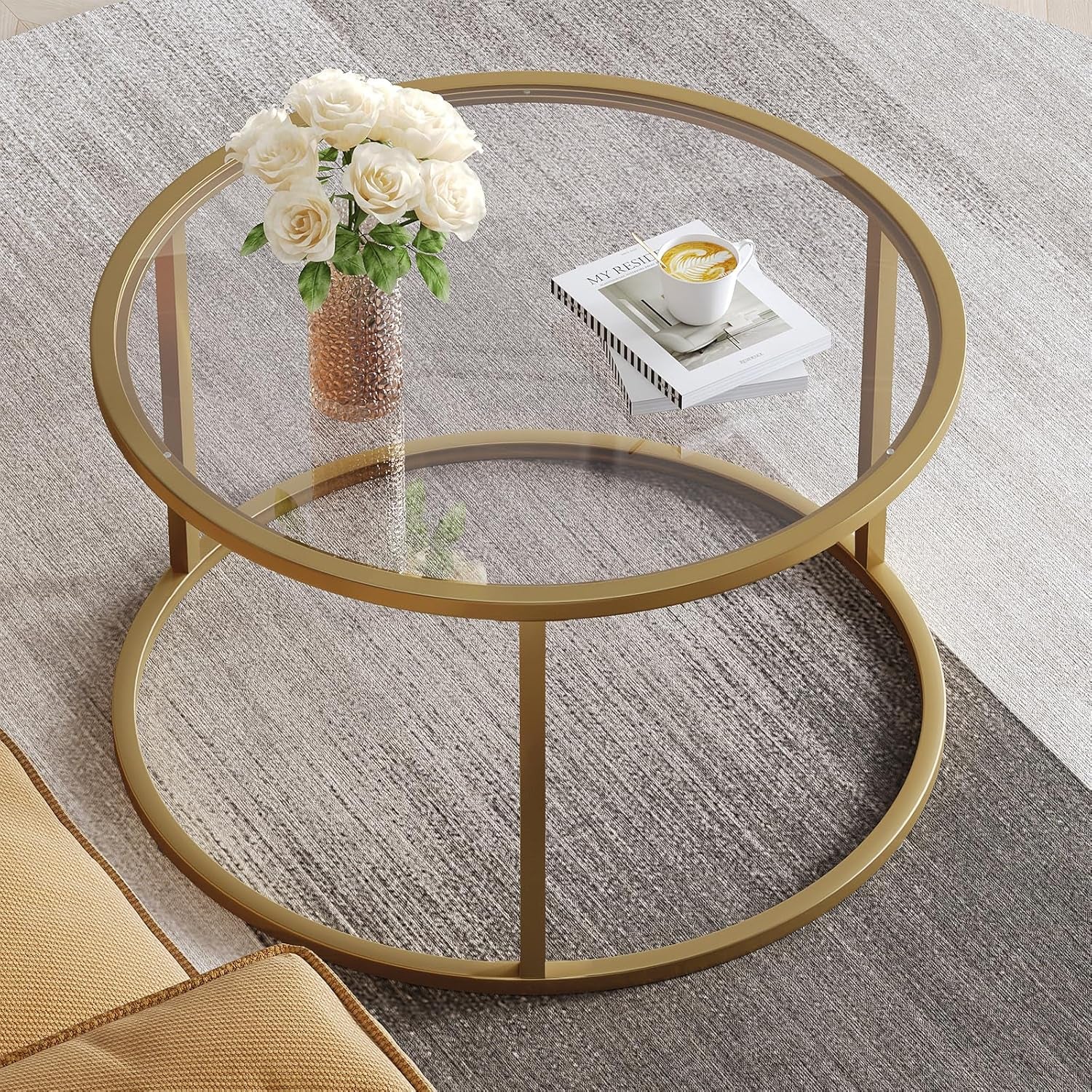 Small Glass Coffee Table round Gold Coffee Table for Small Space Modern Simple Center Table with Gold Frame for Living Room Home Office, Easy Assembly