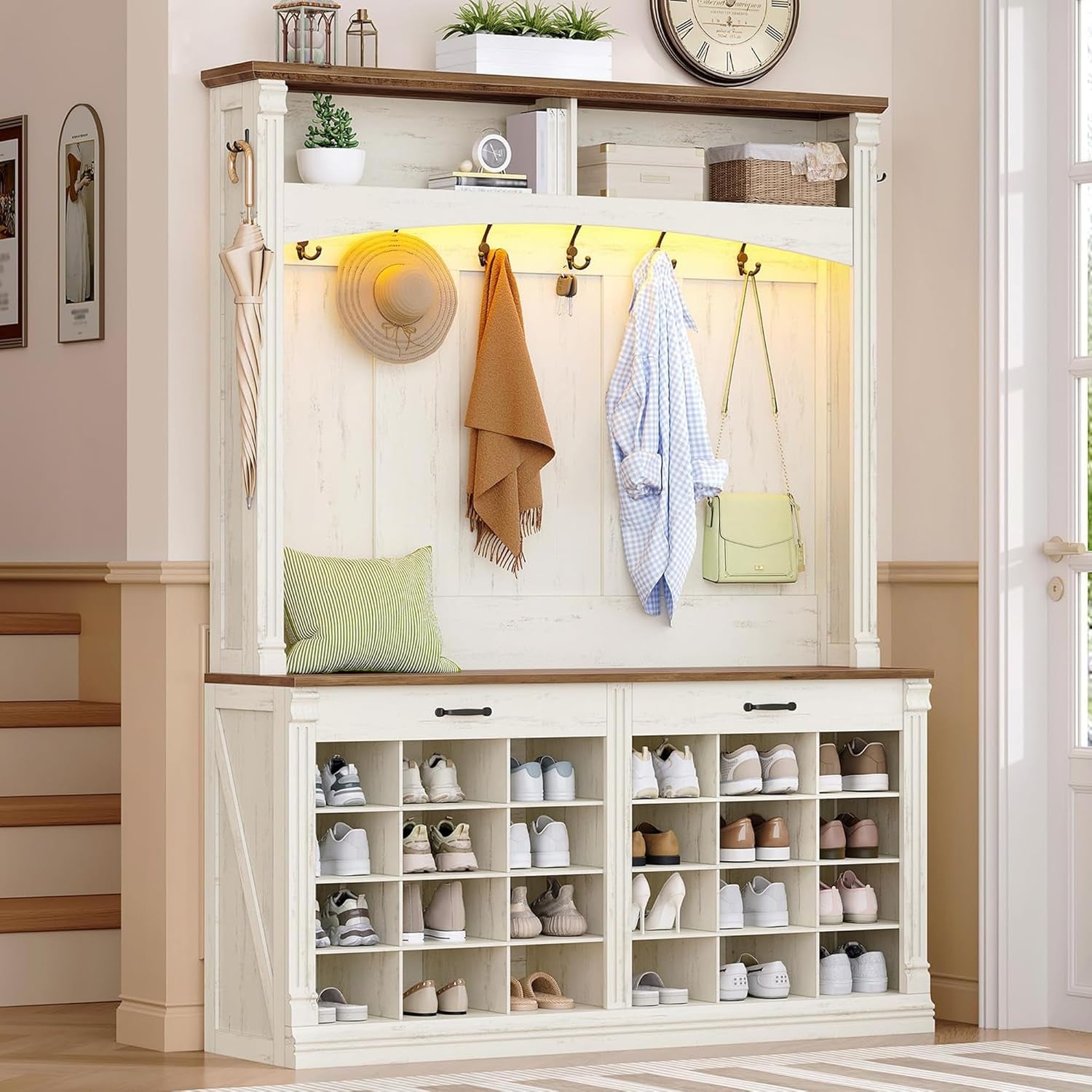 59" Farmhouse Hall Tree with Bench and Shoe Storage, LED Entryway Furniture with 8 Hooks, 24 Shoe Cubbies Hall Tree with Storage, Entryway Storages and Coat Rack Wood, Rustic White