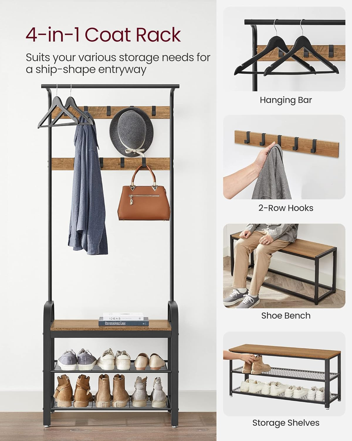Coat Rack, Hall Tree with Shoe Bench for Entryway, Entryway Bench with Coat Rack, 4-In-1, with 9 Removable Hooks, a Hanging Rod, 13.3 X 28.3 X 72.1 Inches, Rustic Walnut and Black UHSR040B41