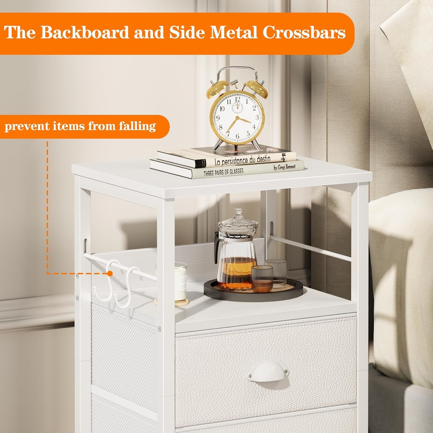 Nightstands Set of 2, End Table with 2 Fabric Drawers, Night Stand with 2 Hooks, Open Wood Shelf Bedside Table for Bedroom/Living Room/White