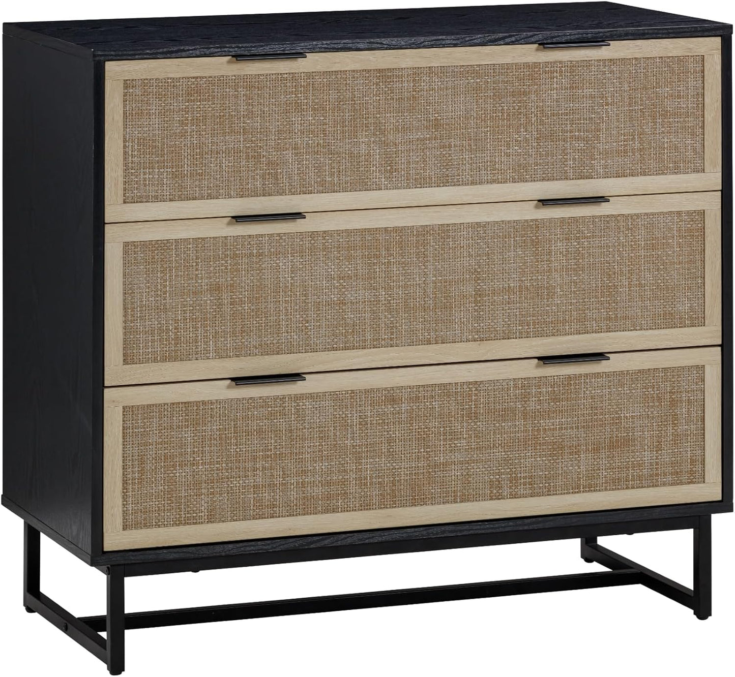Kova Boho Dresser or Storage Cabinet with Drawers for Bedroom or Nursery with Textilene Rattan Accent and Metal Legs, Black Oak