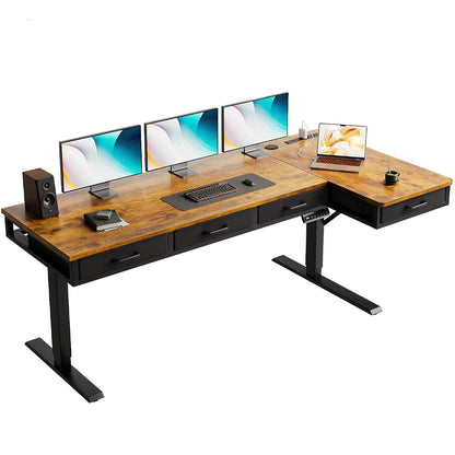 63 Inch L Shaped Electric Standing Desk with 4 Drawers, Rustic Brown
