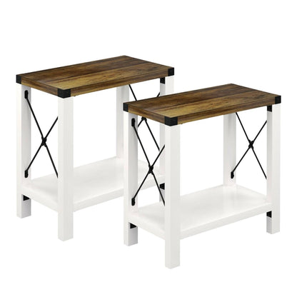 Farmhouse End Table for Small Spaces, Set of 2,Narrow Side End Table with Storage Shelf, Rustic X-Design Nightstand Sofa Table for Living Room, Bedroom White