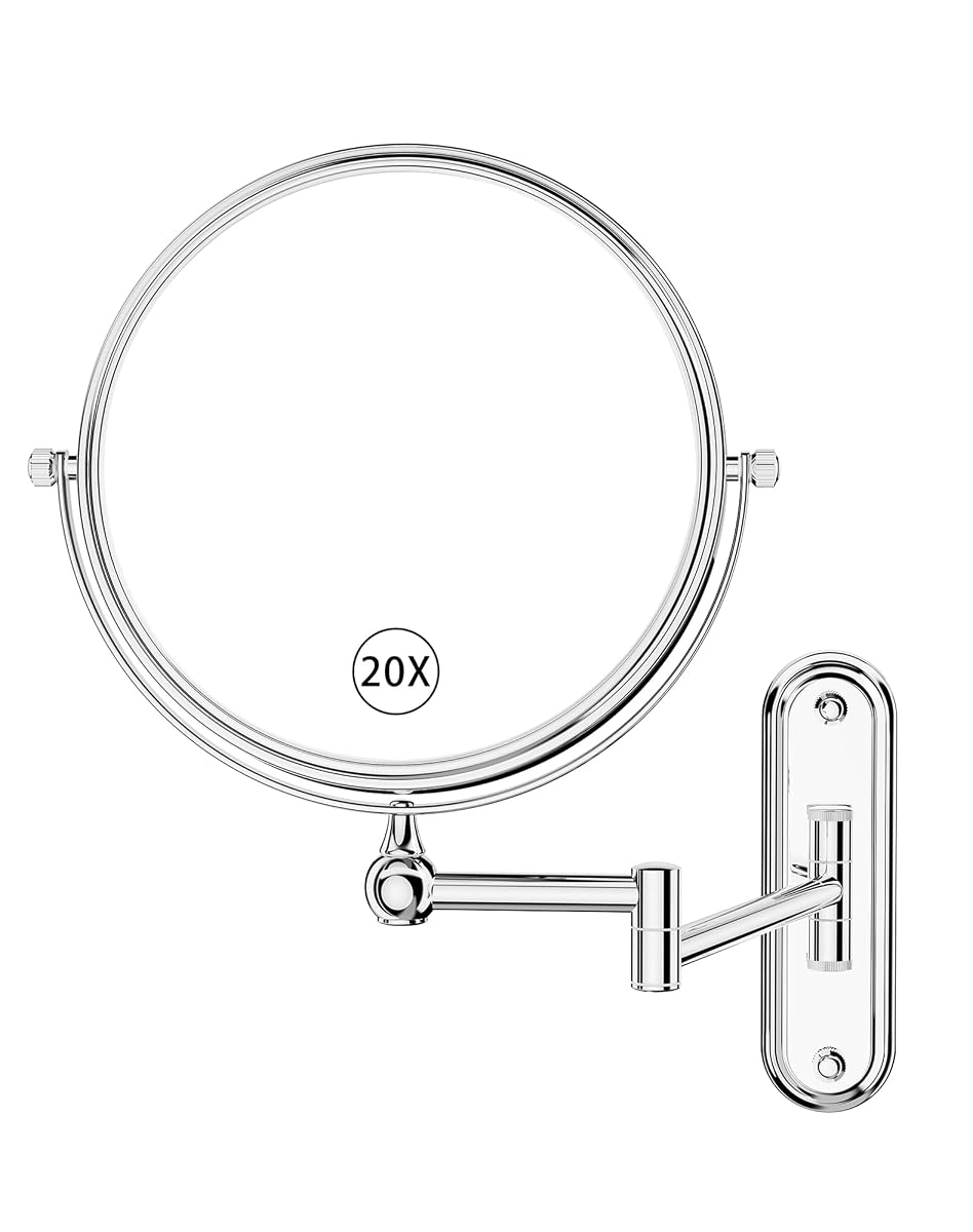 8-Inch Wall Mount Makeup Mirror with 20X Magnification for Bathroom - 360° Rotation & Extended Arm Chrome Dual-Sided Bathroom Mirror for Makeup, Skincare for Mom (8in,20X)