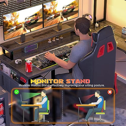 Small L Shaped Gaming Desk with LED Lights & Power Outlets, Reversible L-Shaped Computer Desk with Monitor Stand & Storage Shelf, Corner Desks Home Office Desk with Storage Bag, Grey Oak