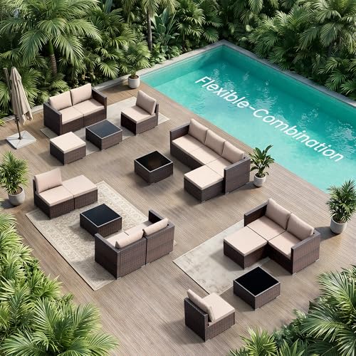 Patio Furniture Set - All-Weather -5 Piece Outdoor Patio Conversation Couch Sets, Modular Wicker Rattan Sectional Sofa for Garden, Patio, Poolside, Backyard, Balcony, Porch,Khaki