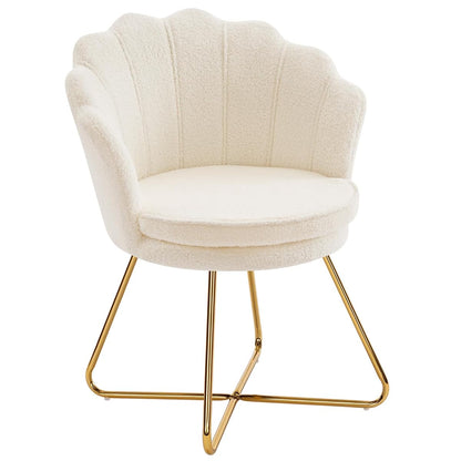 Vanity Chair with Back, Shell Accent Chair for Living Room, Criss Cross Chair with Gold Legs, Makeup Chair for Bedroom Desk Chair no Wheels, Faux Fur White