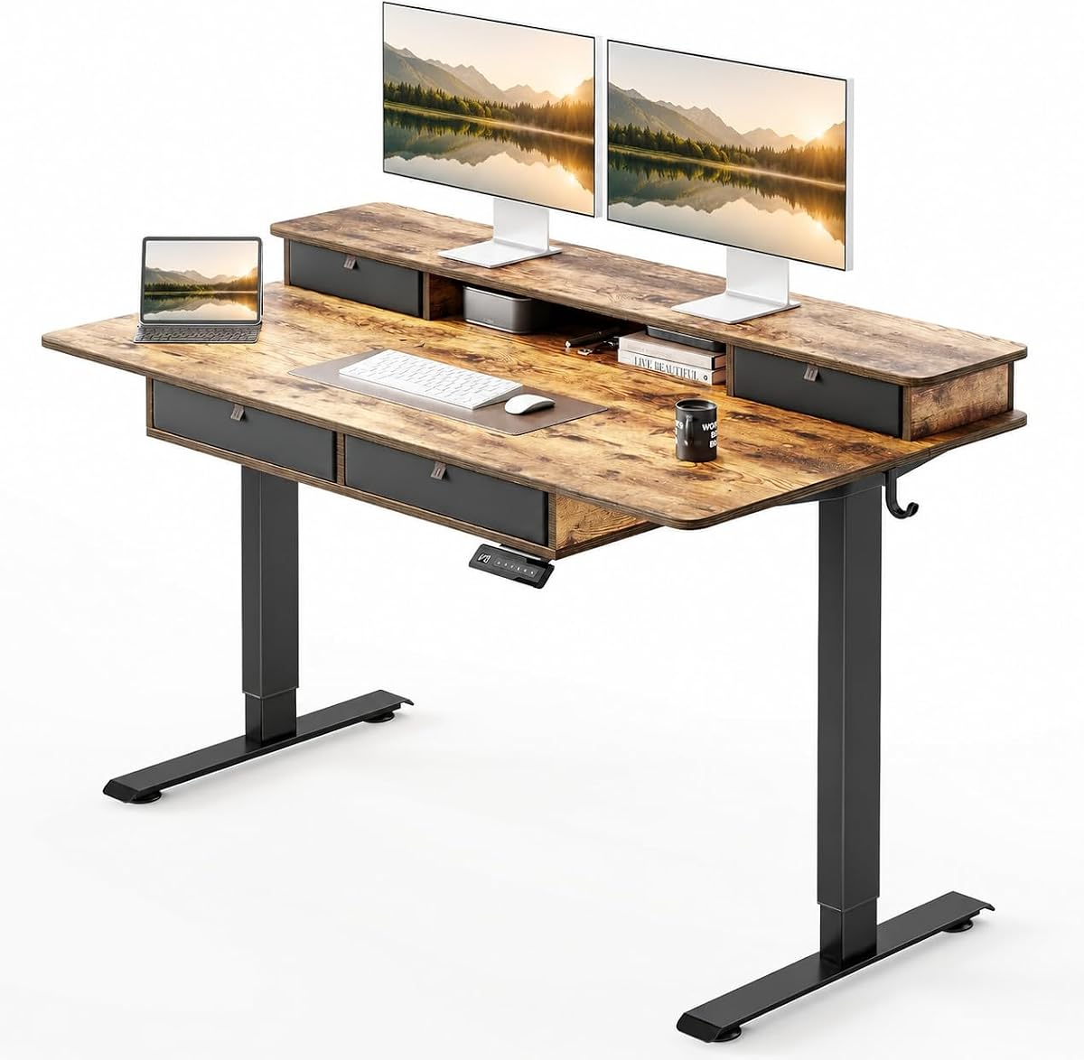 55" x 30" Standing Electric Desk with Drawers, Rustic Brown