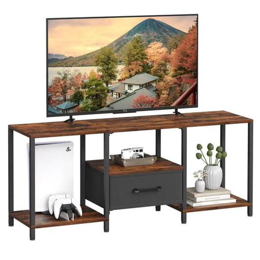 TV Stand with Fabric Drawer for 55 Inch TV, Entertainment Center with Open Shelves, Media TV Console Table for Living Room, Bedroom, Rustic Brown