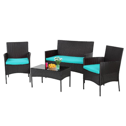 4 Pieces Conversation Set Modular Outdoor Furniture Set Water Resistant Patio Wicker Furniture Set with 3 Rattan Chairs 1 Tempered Glass Topped Table Seat Cushions for Patio Balcony Poolside, Blue