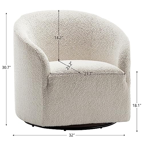 32" Wide Modern Boucle Swivel Barrel Chair, No Assembly Round Upholstered Swivel Accent Armchair for Living Room, Bedroom, Office (White)