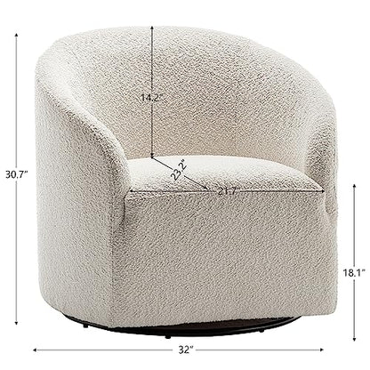 32" Wide Modern Boucle Swivel Barrel Chair, No Assembly Round Upholstered Swivel Accent Armchair for Living Room, Bedroom, Office (White)
