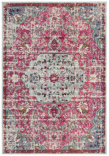 SAFAVIEH Madison Collection Area Rug - 6' x 9', Fuchsia & Teal, Boho Chic Medallion Distressed Design, Non-Shedding & Easy Care, Ideal for High Traffic Areas in Living Room, Bedroom (MAD447R)