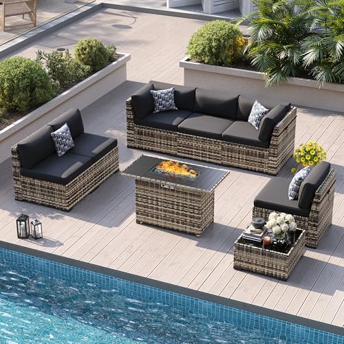 8 Pieces Outdoor Patio Furniture Set with 44" Fire Pit Table Yellow Rattan Sectional Conversation Sets w/Gas Fire Pit, Coffee Table, 1 Waterproof Covers, Black