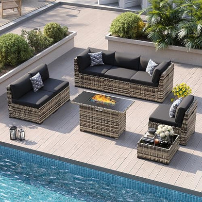 8 Pieces Outdoor Patio Furniture Set with 44" Fire Pit Table Yellow Rattan Sectional Conversation Sets w/Gas Fire Pit, Coffee Table, 1 Waterproof Covers, Black