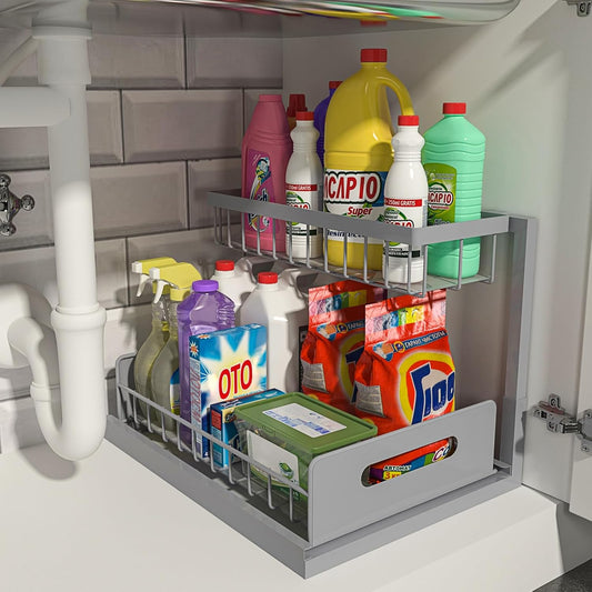 under Sink Organizer, Pull Out Cabinet Organizer 2 Tier Slide Out Sink Shelf Cabinet Storage Shelves, Storage for Kitchen Bathroom, Grey, 1 Pack