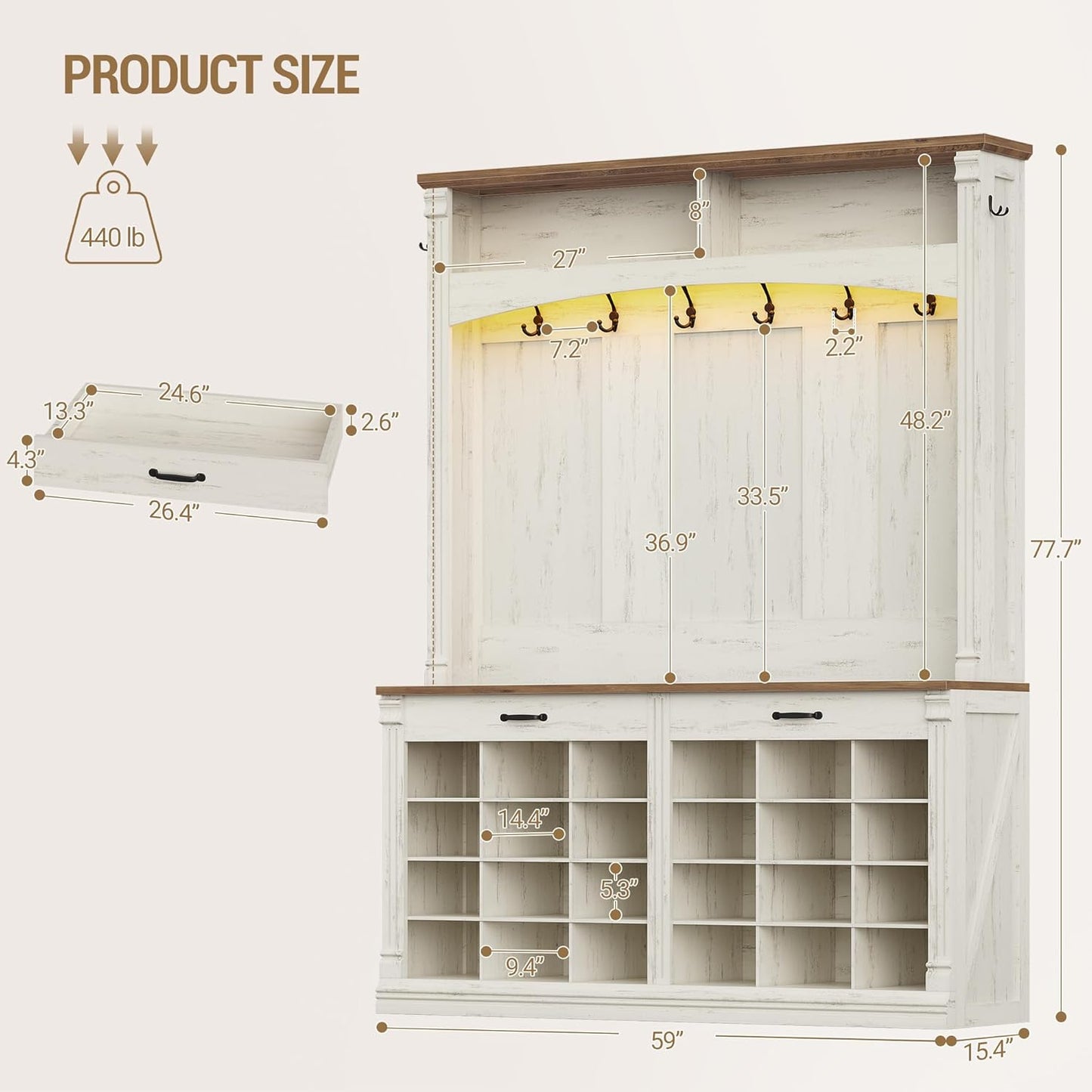 59" Farmhouse Hall Tree with Bench and Shoe Storage, LED Entryway Furniture with 8 Hooks, 24 Shoe Cubbies Hall Tree with Storage, Entryway Storages and Coat Rack Wood, Rustic White