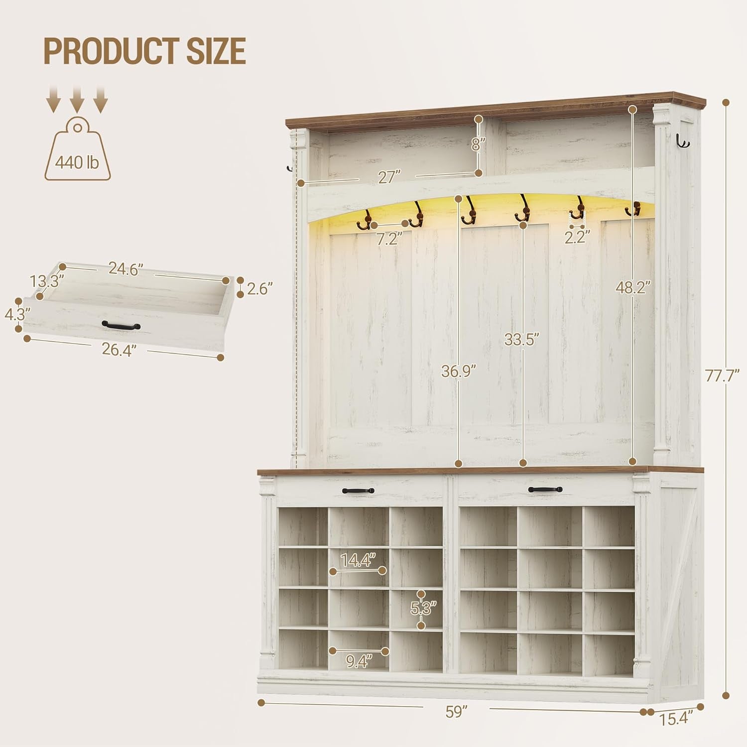 59" Farmhouse Hall Tree with Bench and Shoe Storage, LED Entryway Furniture with 8 Hooks, 24 Shoe Cubbies Hall Tree with Storage, Entryway Storages and Coat Rack Wood, Rustic White