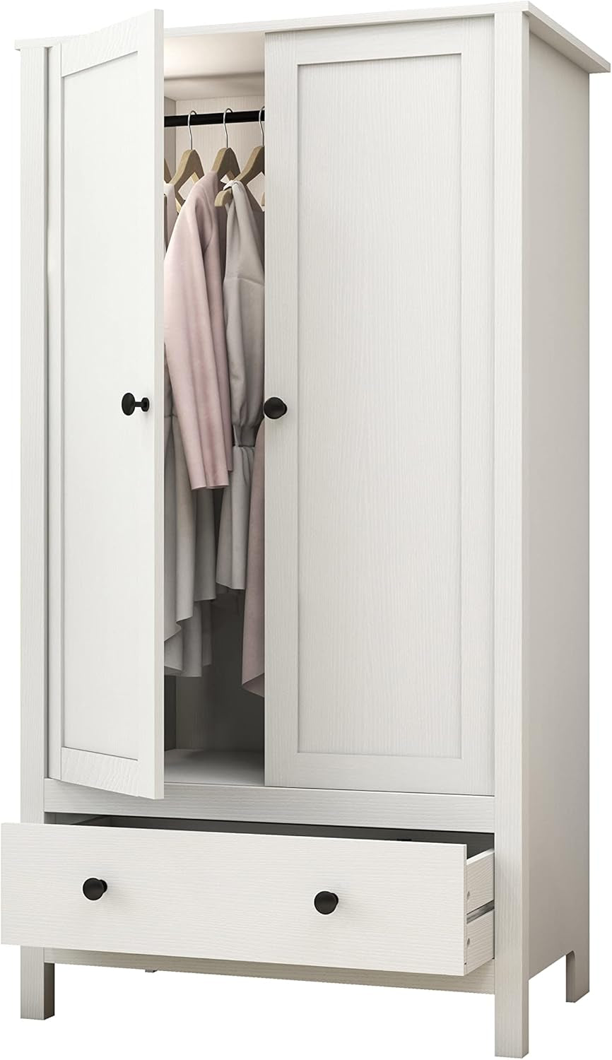 2 Door Wardrobe, Armoire with Drawer for Bedroom (White)