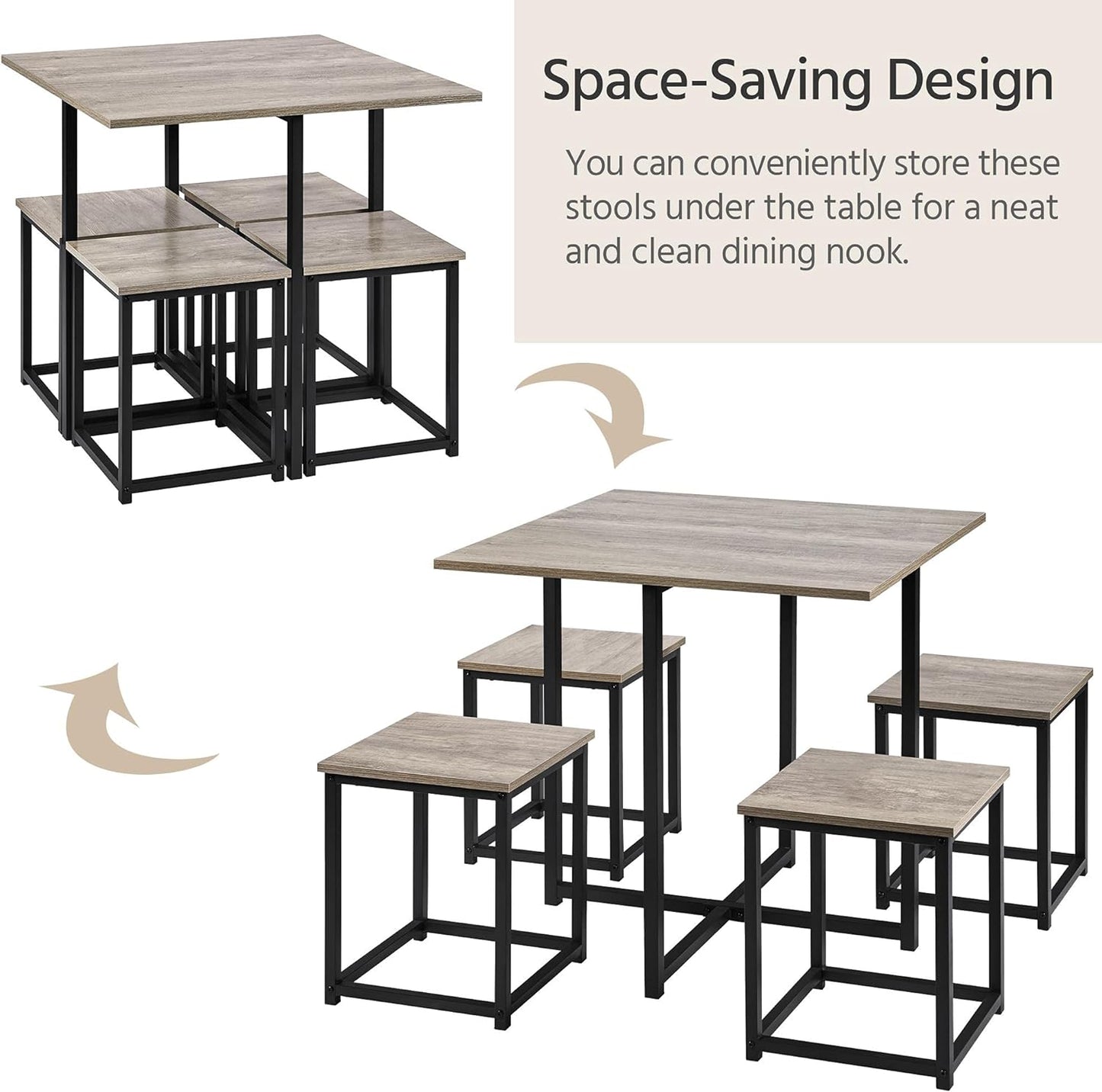 Dining Table Set for 4 Industrial Kitchen Table with 4 Chairs, Space-Saving Design for Apartment, Small Space, Breakfast Nook, Gray
