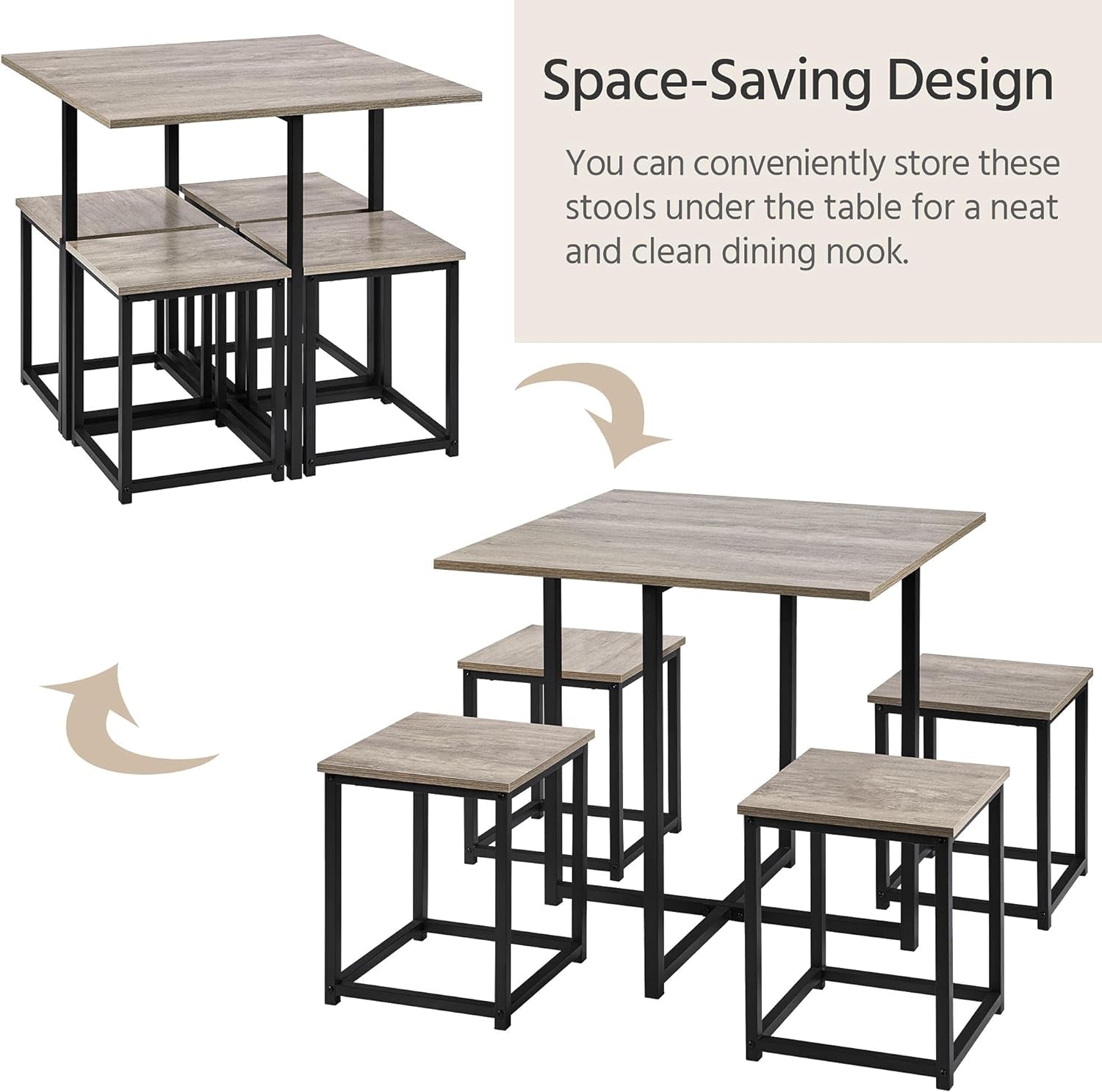 Dining Table Set for 4 Industrial Kitchen Table with 4 Chairs, Space-Saving Design for Apartment, Small Space, Breakfast Nook, Gray