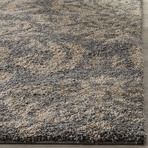 SAFAVIEH Florida Shag Collection Area Rug - 4' Square, Grey & Beige, Damask Design, Non-Shedding & Easy Care, 1.2-inch Thick Ideal for High Traffic Areas in Living Room, Bedroom (SG460-8013)