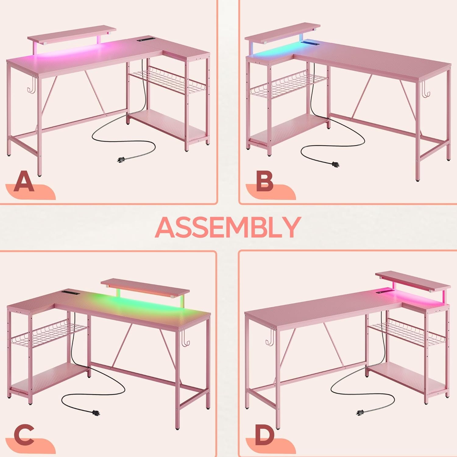 L Shaped Gaming Desk with Power Outlets,58 LED Small Corner Desk with Reversible Storage Shelves,Pink Computer Desk with Headset Hooks Desk for Living Room and Dormitory