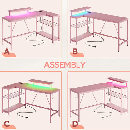 L Shaped Gaming Desk with Power Outlets,58 LED Small Corner Desk with Reversible Storage Shelves,Pink Computer Desk with Headset Hooks Desk for Living Room and Dormitory