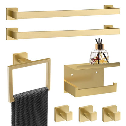 7 Piece Gold Bathroom Hardware Set with Brushed Gold Bathroom Accessories - Square 2 Towel Bars Towel Rack Stainless Steel 23-Inch