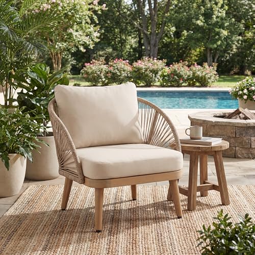 Lydia Boho Patio Furniture Acacia Wood Club Chair, Outdoor Lounge Chair, Modern Tub Accent Chair with Rope Woven and Removable Cushions, Deep & Sturdy Seating, Natural+Beige
