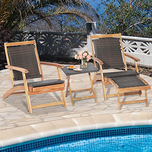 Patio Lounge Chair and Side Table Set, Acacia Wood Wicker Folding Table and Armrest Chair with Retractable Ottoman, Outdoor Chaise Lounger for Garden, Backyard, Poolside, Balcony