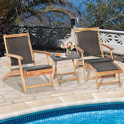Patio Lounge Chair and Side Table Set, Acacia Wood Wicker Folding Table and Armrest Chair with Retractable Ottoman, Outdoor Chaise Lounger for Garden, Backyard, Poolside, Balcony