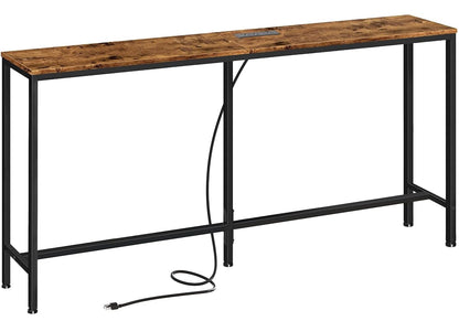 Console Table with Outlet, 63 Inch Sofa Table with Charging Station, Narrow Entryway Table, Behind Couch Table, for Living Room, Plants - Rustic Brown