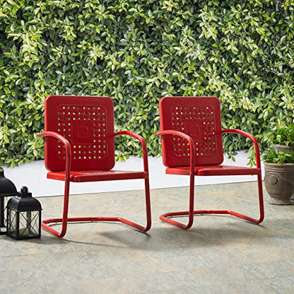 Bates 2-Piece Outdoor Chair Set, Retro Metal Patio Chairs for Dining, Porch, Deck, Balcony, Bright Red Gloss