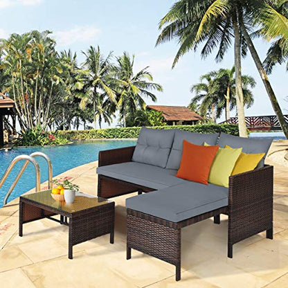 Patio Corner Sofa Set 3 Piece, Outdoor Rattan Sofa Set, Includes Lounge Chaise, Loveseat & Coffee Table, Patio Garden Poolside Lawn Backyard Furniture