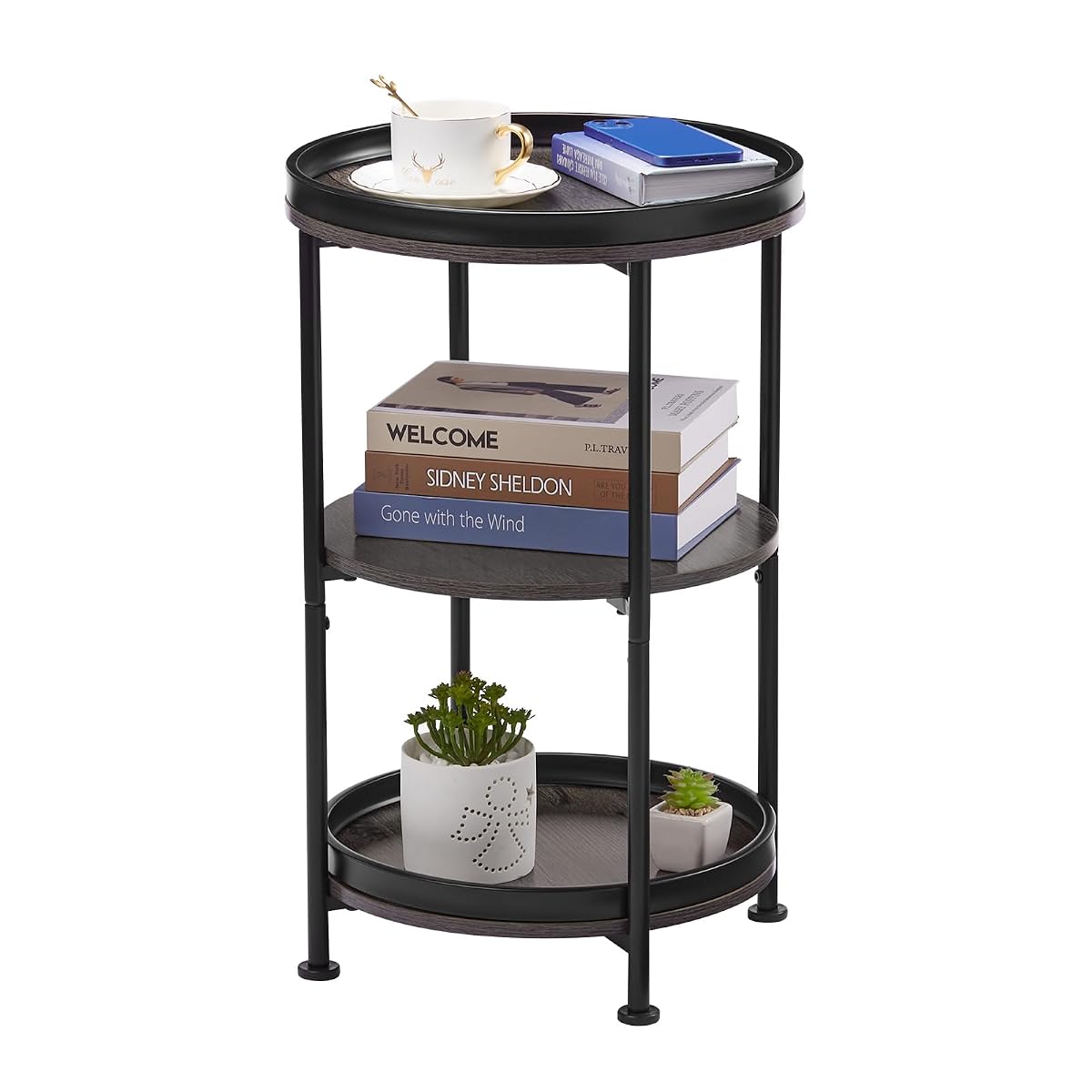 Dulcii Side Table, Round End Table with 3 Shelves for Living Room, Bedroom, Nightstand with Steel Frame for Small Spaces, Industrial Round Sofa Table, Outdoor Accent Coffee Table, Grey