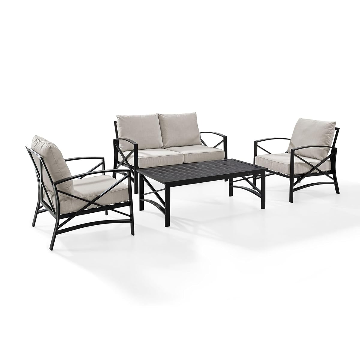 Crosley Furniture KO60009BZ-OL Kaplan Outdoor Metal 4-Piece Seating Set (Loveseat, 2 Arm Chairs and Coffee Table), Oiled Bronze with Oatmeal Cushions