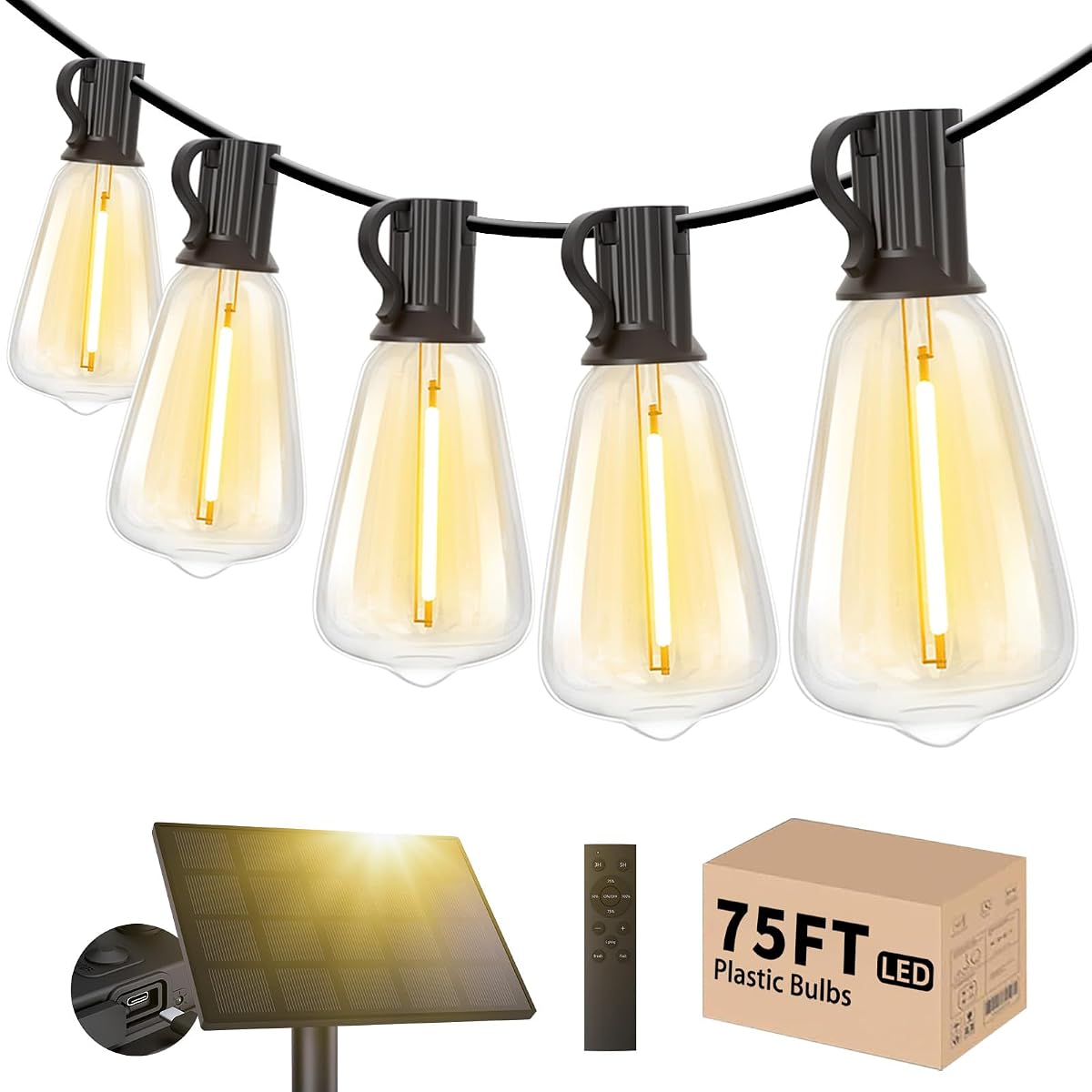 Solar Outdoor String Lights 75 FT, ST38 Patio Lights Shatterproof Dimmable Vintage Edison Bulbs, Solar Powered Weatherproof Light for Patio, Backyard, Garden, Bistro, Warm White