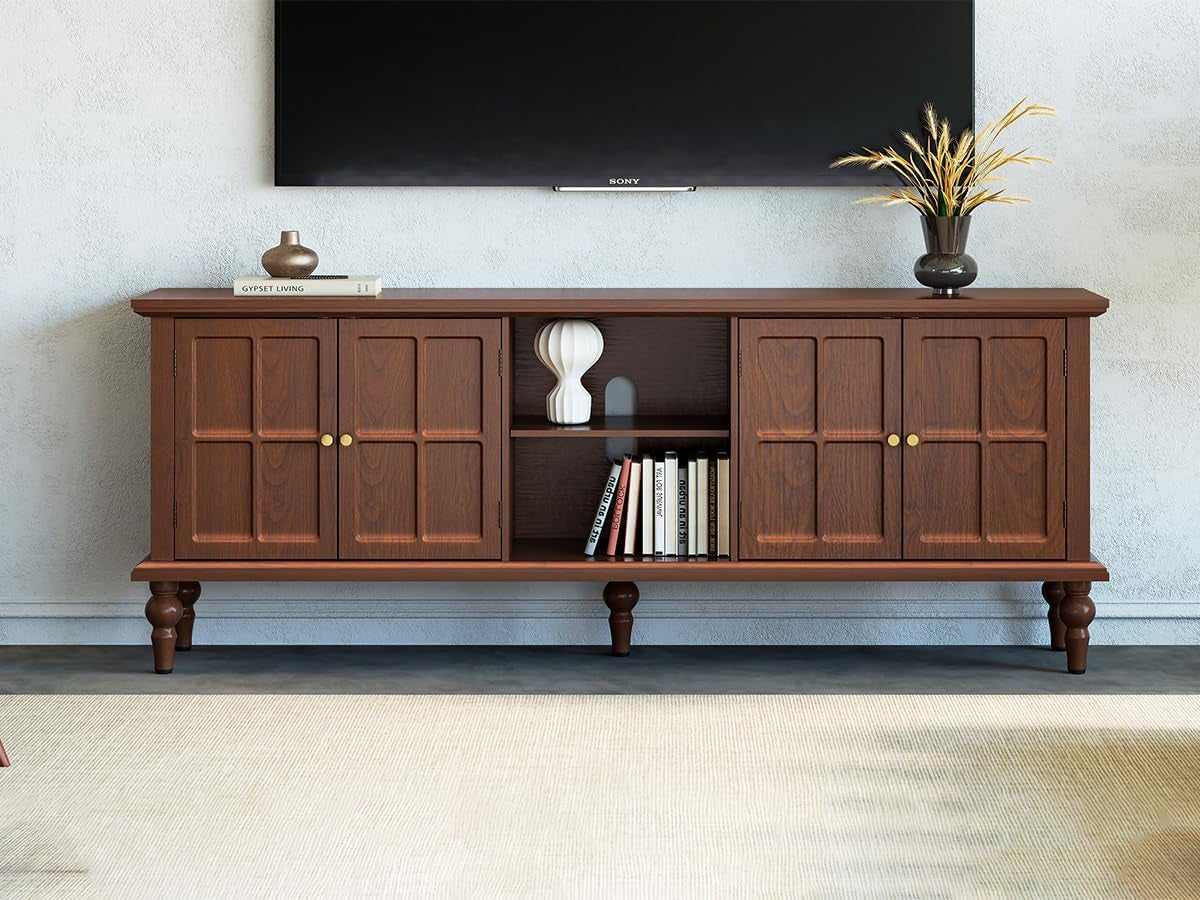 67" Mid Century Modern TV Stand with Window Design,Wood Entertainment Center with Open Shelf,Up to 70" Media TV for Living Room or Bedroom,Walnut