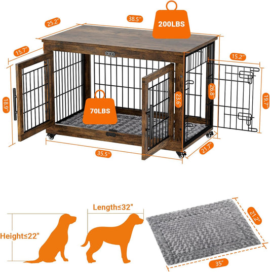 Dog Crate Furniture with Cushion, Large Wooden Dog Kennel Indoor with Double Doors, Dog Cage with Wheels, Dog House Side End Table for Large Medium Dogs up to 70 Lb, 38.5” L, Rustic Brown
