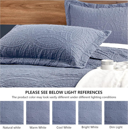 King Size Quilt Set Blue Bedspreads - Soft Bed Summer Lightweight Bedspread Comforter - Modern Style Coin Pattern Coverlet for All Season - 3 Pieces (1 Quilt, 2 Pillow Shams)