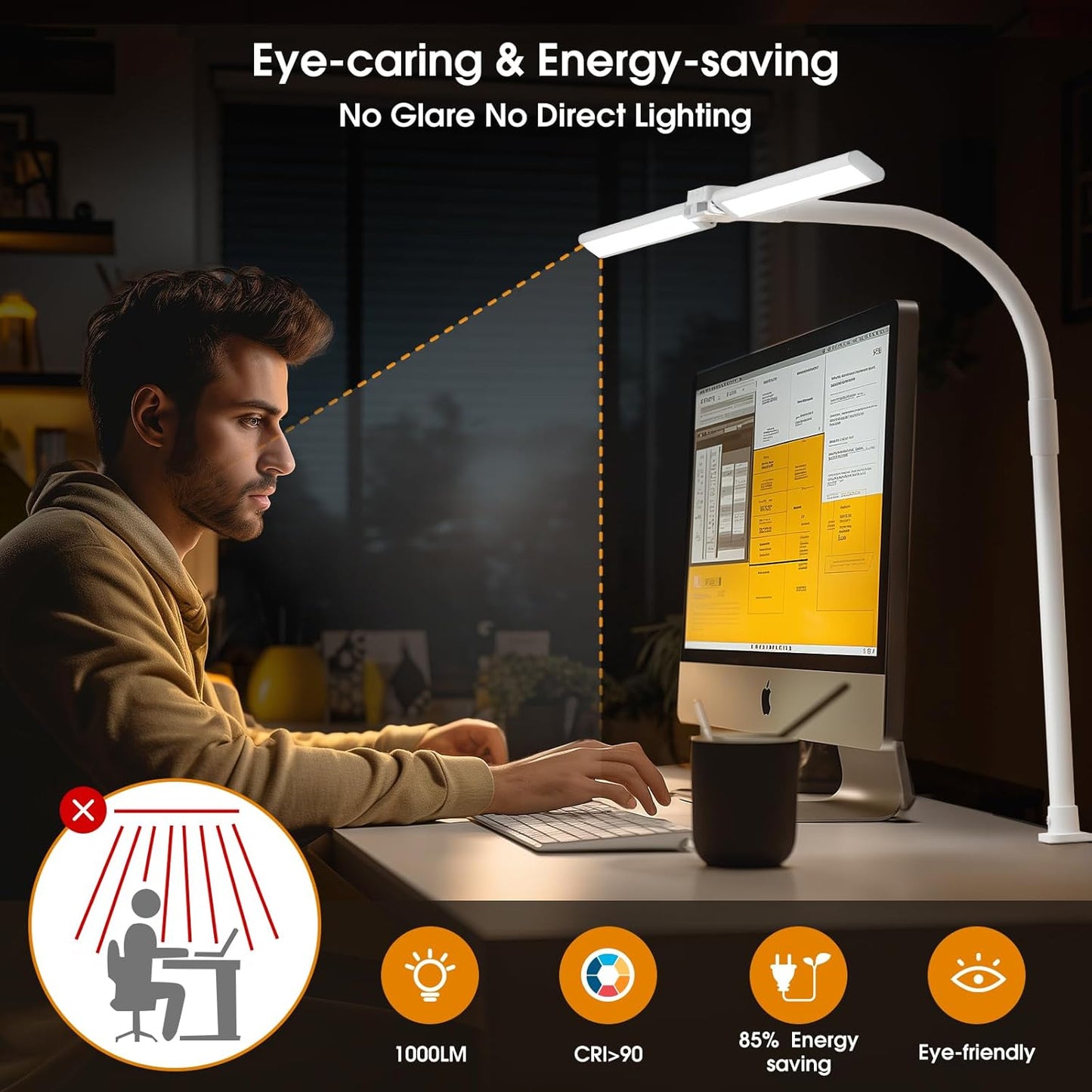 LED Desk Lamp for Home Office - Eye-Caring Computer Desk Light with Clamp, Adjustable Work Lamp with Color Changing, Dimmable Double Head Monitor Light with Gooseneck, White