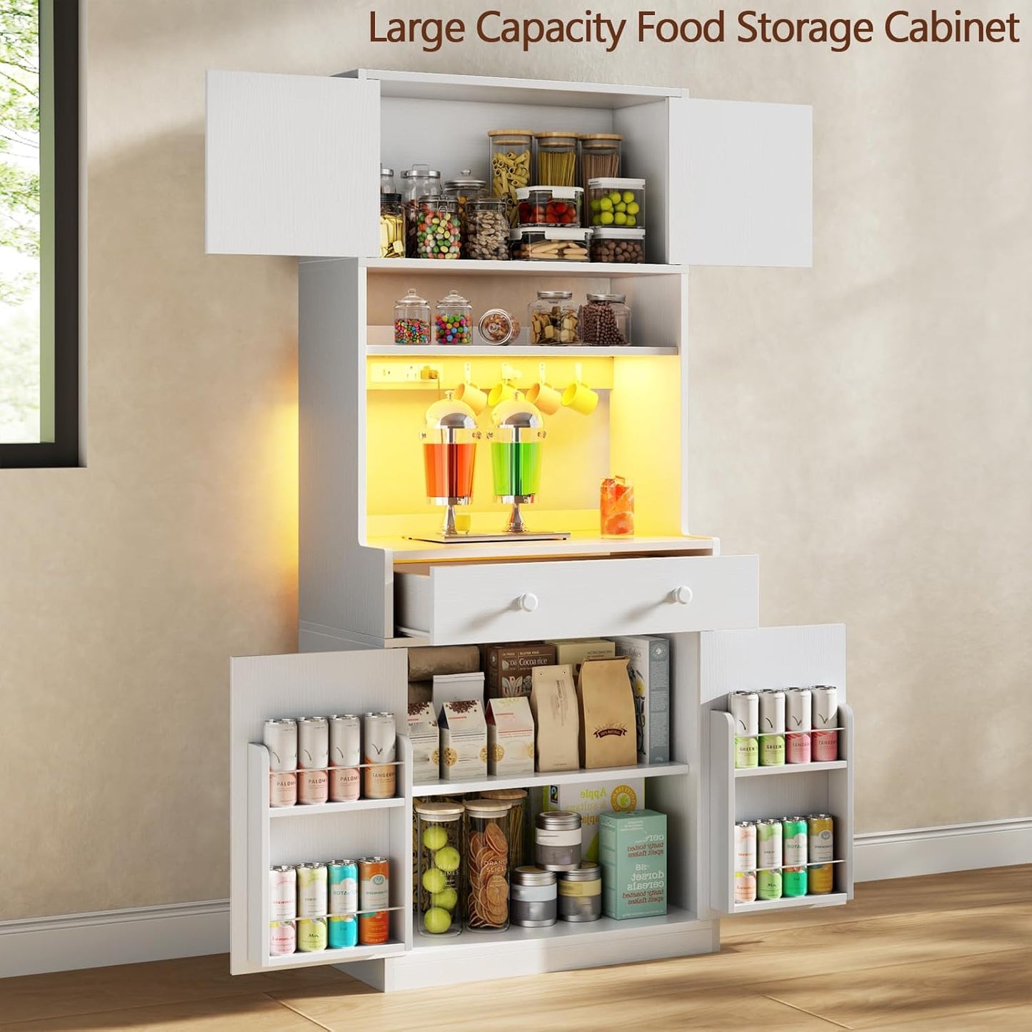 71" Tall Kitchen Pantry Storage Cabinet with Power Outlet & LED Light, Freestanding Food Pantry Cabinet with 4 Doors and Shelves, Cupboard with Drawer, Hutch with Microwave Stand, White