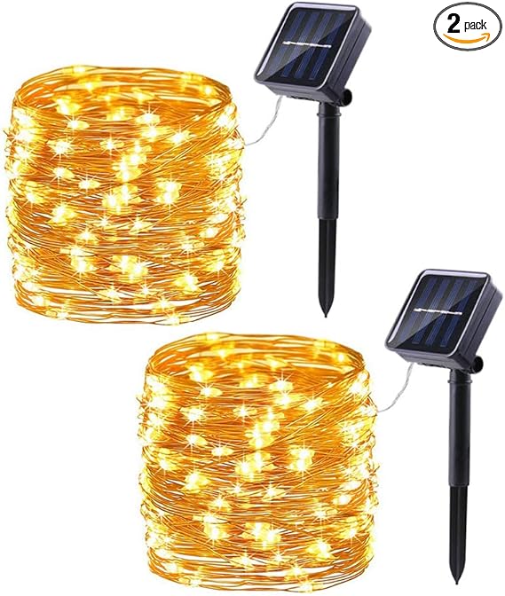 Solar String Lights Outdoor - 2 Pack Total 66ft 200LED Solar Fairy Lights Waterproof 8 Modes Twinkle Lights for Outdoor, Patio, Garden, Yard, Party, Wedding, Tree Decoration (Warm White)