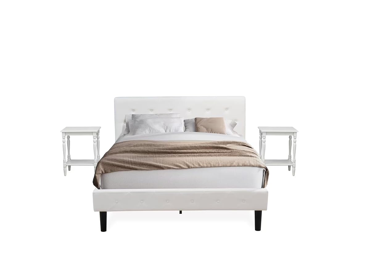 NL19Q-2BF14 3 Piece Queen Size Bedroom Set - Button Tufted Bed frame with Button Tufted - Linen white Velvet Fabric Upholstered Headboard and an Urban Gray Finish Nightstand