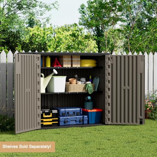 Outdoor Horizontal Storage Sheds,Outdoor Storage Cabinet Waterproof Resin Tool Storage Box for Lawn Mower,Garden Tools and Patio Furniture, Lockable (Brown)