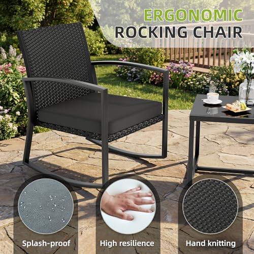 3 Pieces Outdoor Patio Set -Wicker Rattan Chair Conversation Set with Glass Table for Poolside Yard Rocking Chair Set for Bistro Garden Front Porch All Weather Patio Furniture Set